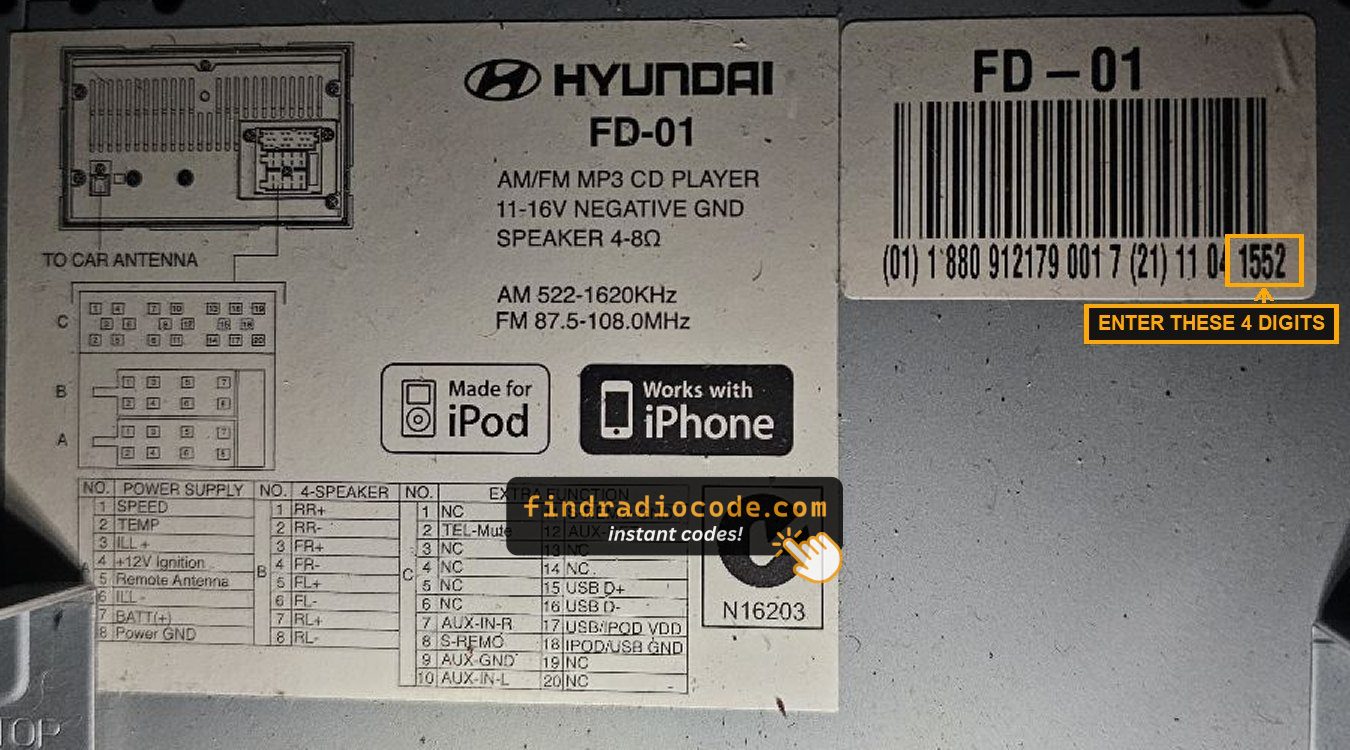 Hyundai FD-01 barcode label with the last four digits of the serial marked